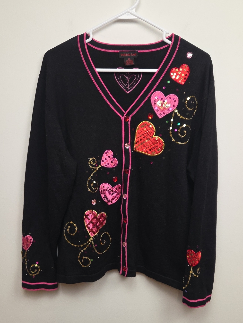 Vintage 90s Heart-Embellished Sequin Cardigan Sweater Valentines Day Romantic XL